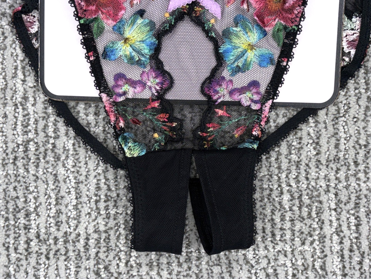 Victoria’s Secret Very Sexy NWT XXL Black Floral Crotchles Bikini Panty Mesh Bow