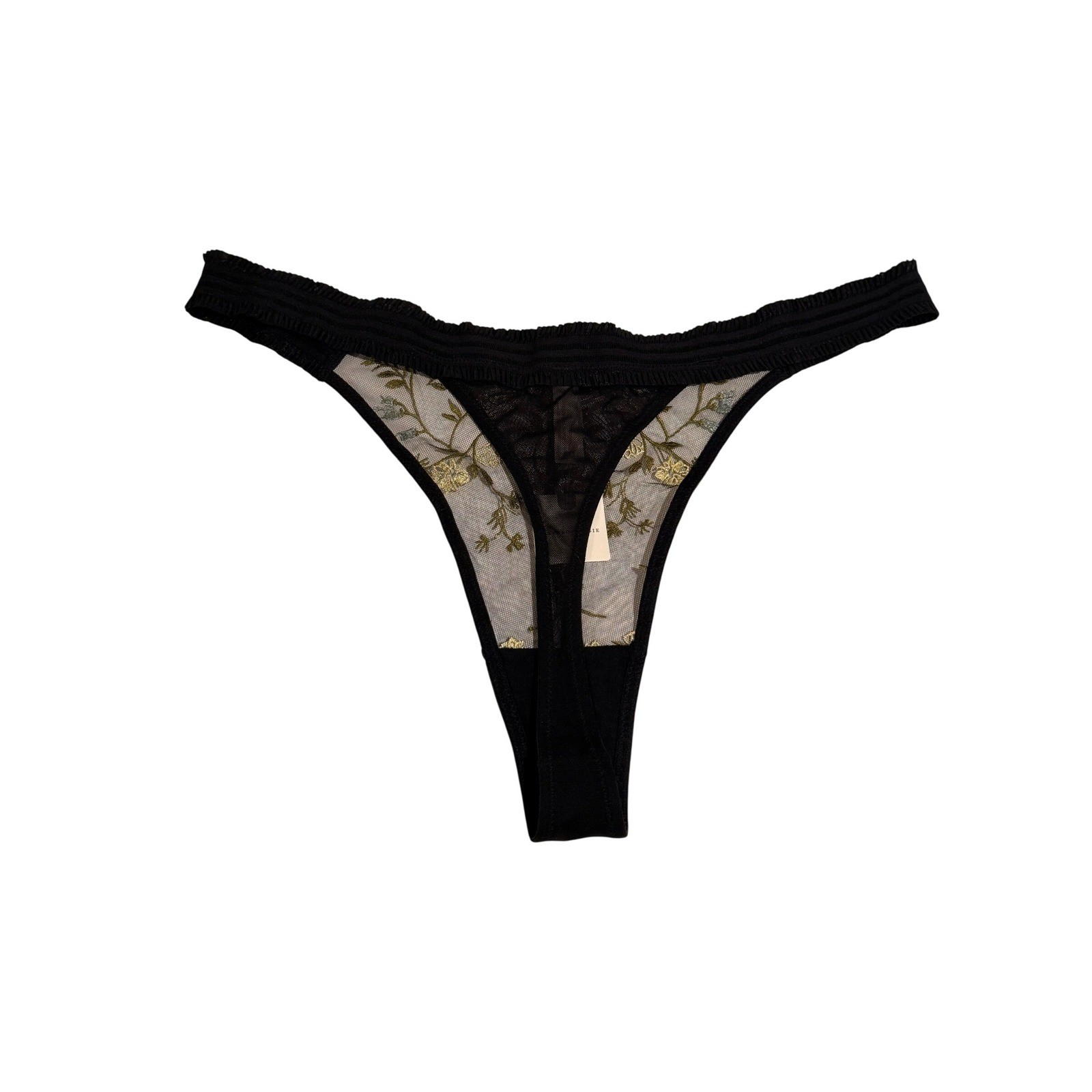 Anthropologie Embroidered Floral Mesh Thong Panty Black Large NWT