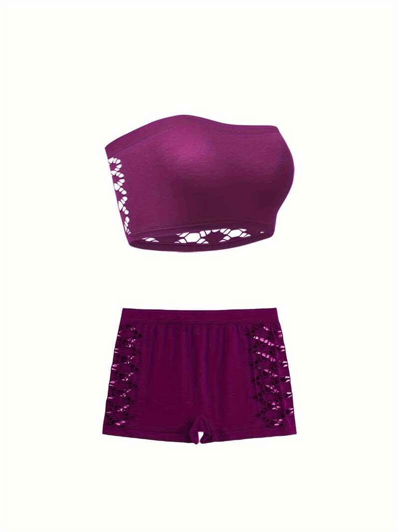 Sexy Lingerie Set. Solid Seamless Hollow Out Strapless Bandeau & Panties.