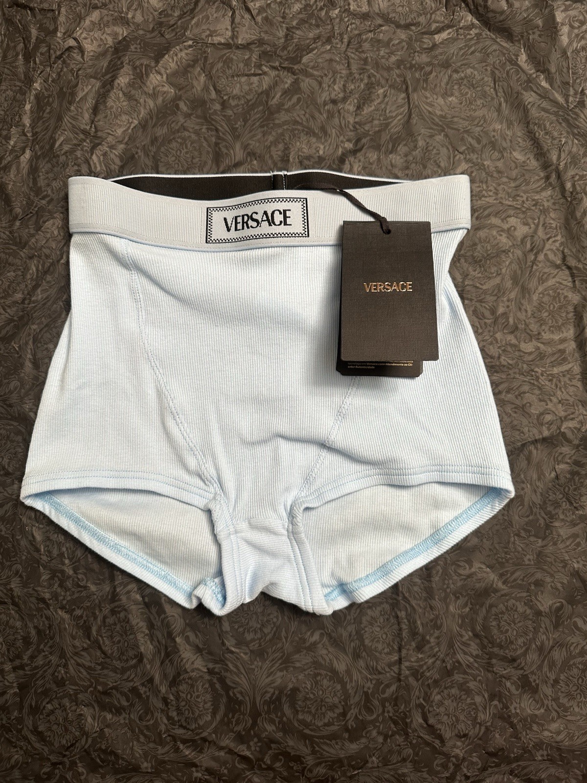 Versace 90s Vintage Logo Ribbed Shorts Light Blue Size 1 NWT Authentic $150
