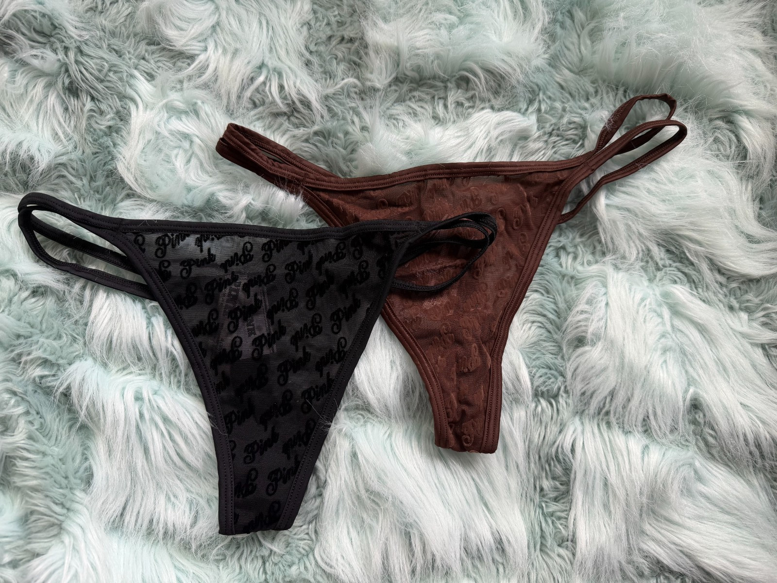 TWO (2) PINK Victoria’s Secret Logo Mesh Strappy Thong Panty NEW with TAGS