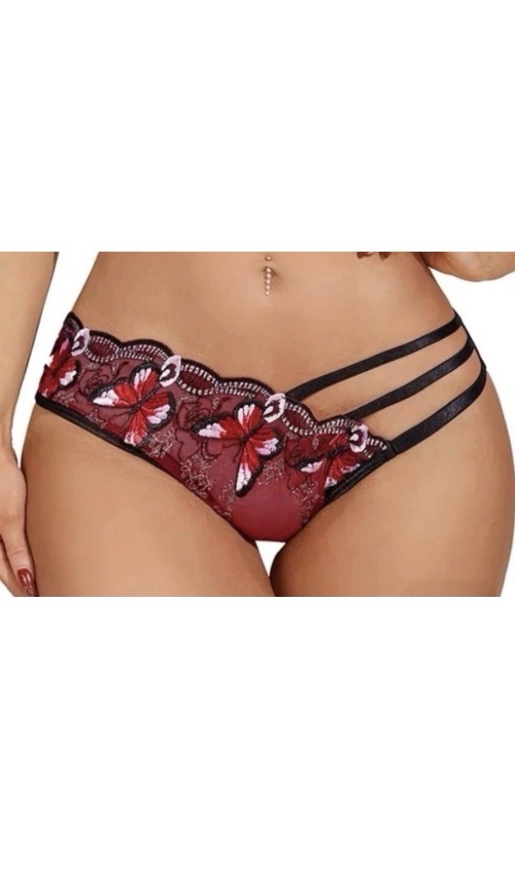 Women’s L Mesh Bikini Panties Sheer Semi-Transparent Floral Embroidered Strap