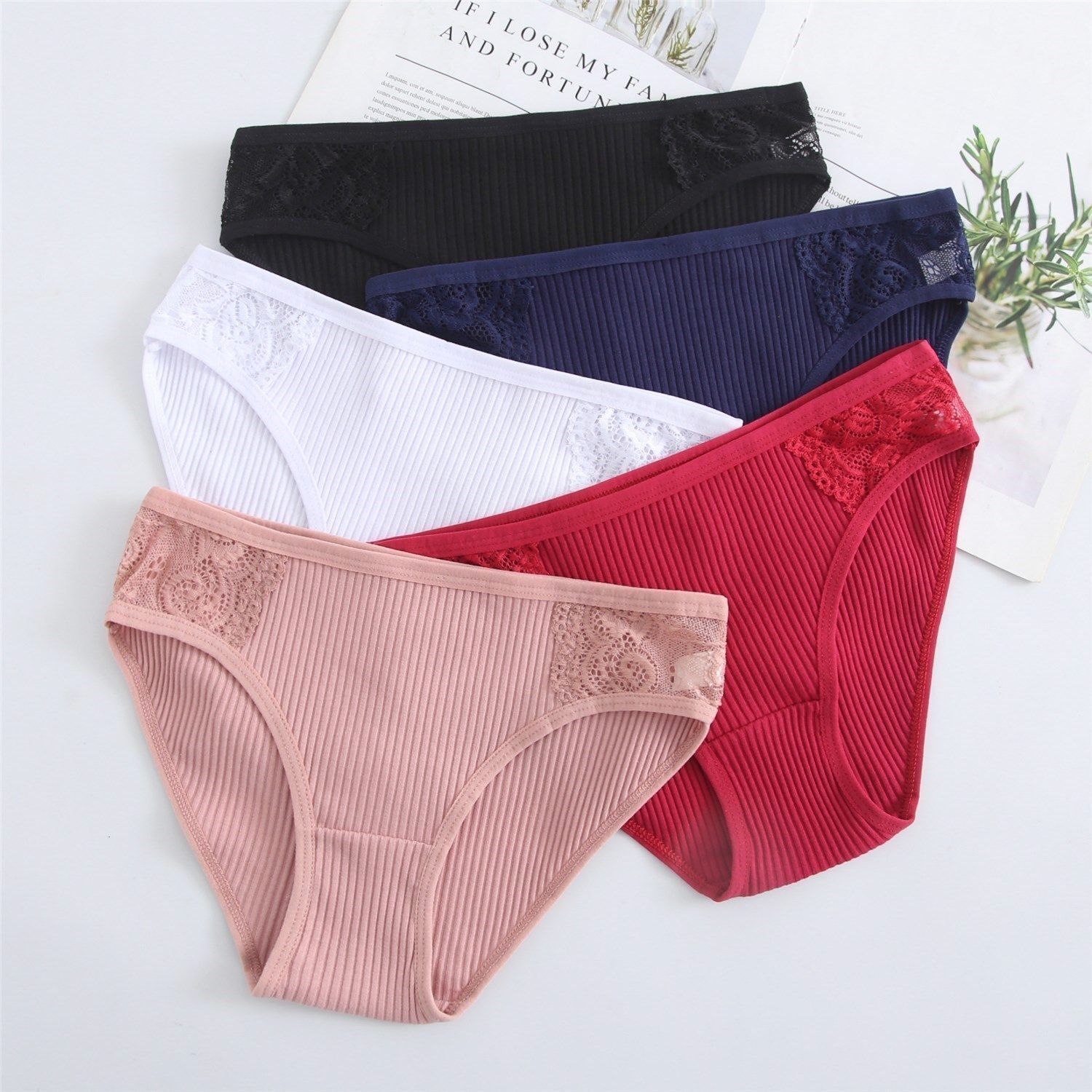 Spandex Cotton Underwear-Solid Plus Size Briefs Lace Mid-Rise Sexy Women Panties