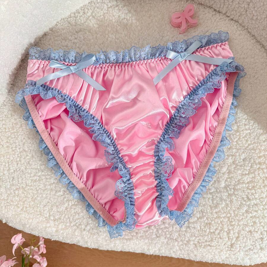 PINK SATIN SISSY PANTIES Ruched Back Baby Blue Lace Trim Hi Cut Brief Size Large