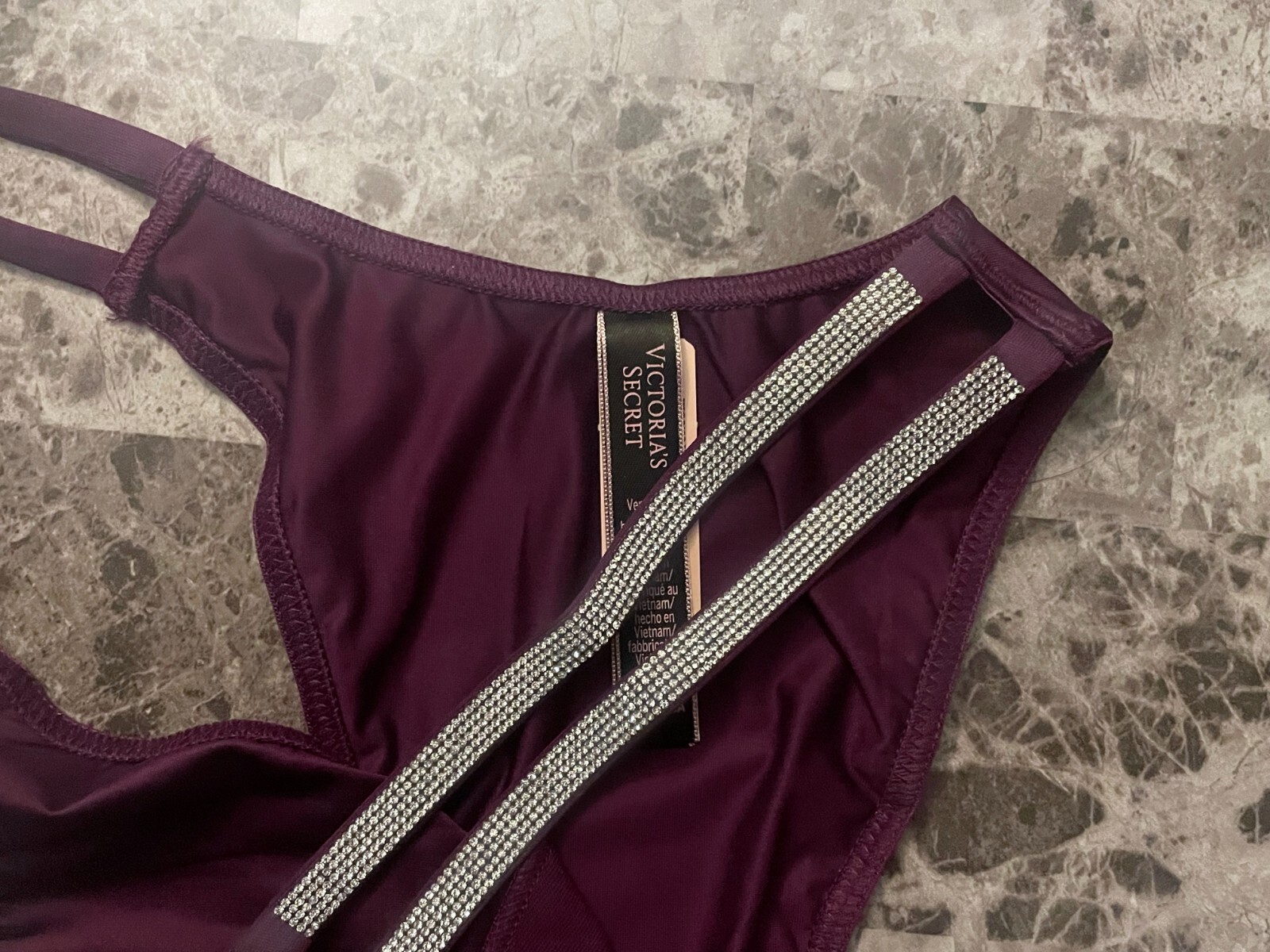 VICTORIA’S SECRET PURPLE SMOOTH RHINESTONE DOUBLE SHINE STRAP BRAZILIAN PANTIES