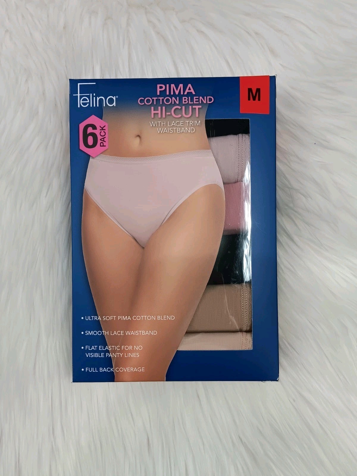 New Felina Pima Cotton Blend Hi-Cut Underwear Lace Trim Waistband 6 Pack Size M