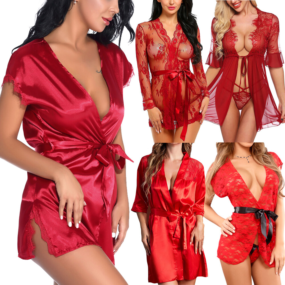 US Womens Sexy Lingerie Short Lace Dress Sheer See Through Kimono Robe Nightgown