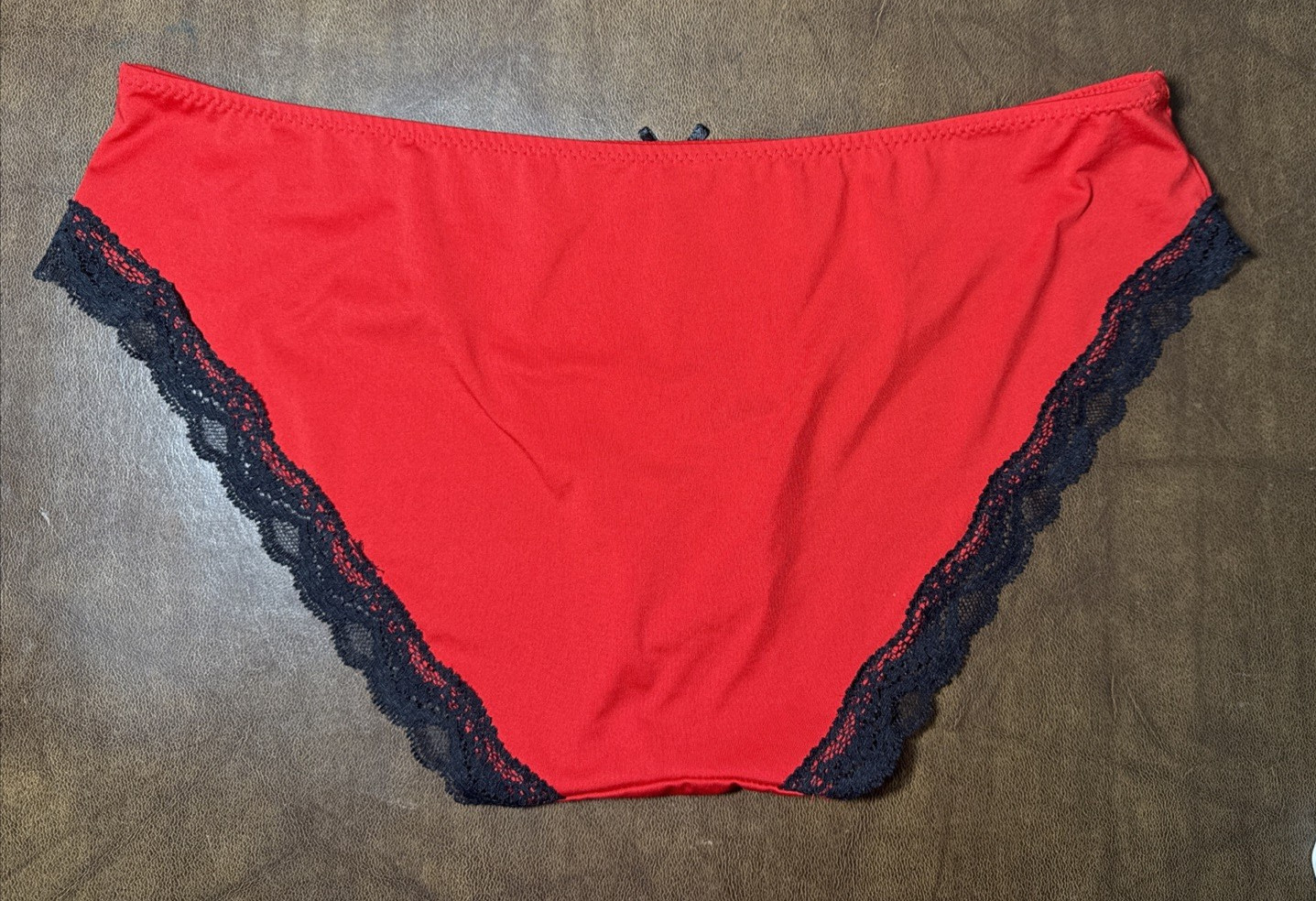 NWOT Vtg Lipstick Red Black Lace Satin Bow HI Cut Panties Underwear Sz 8 XL