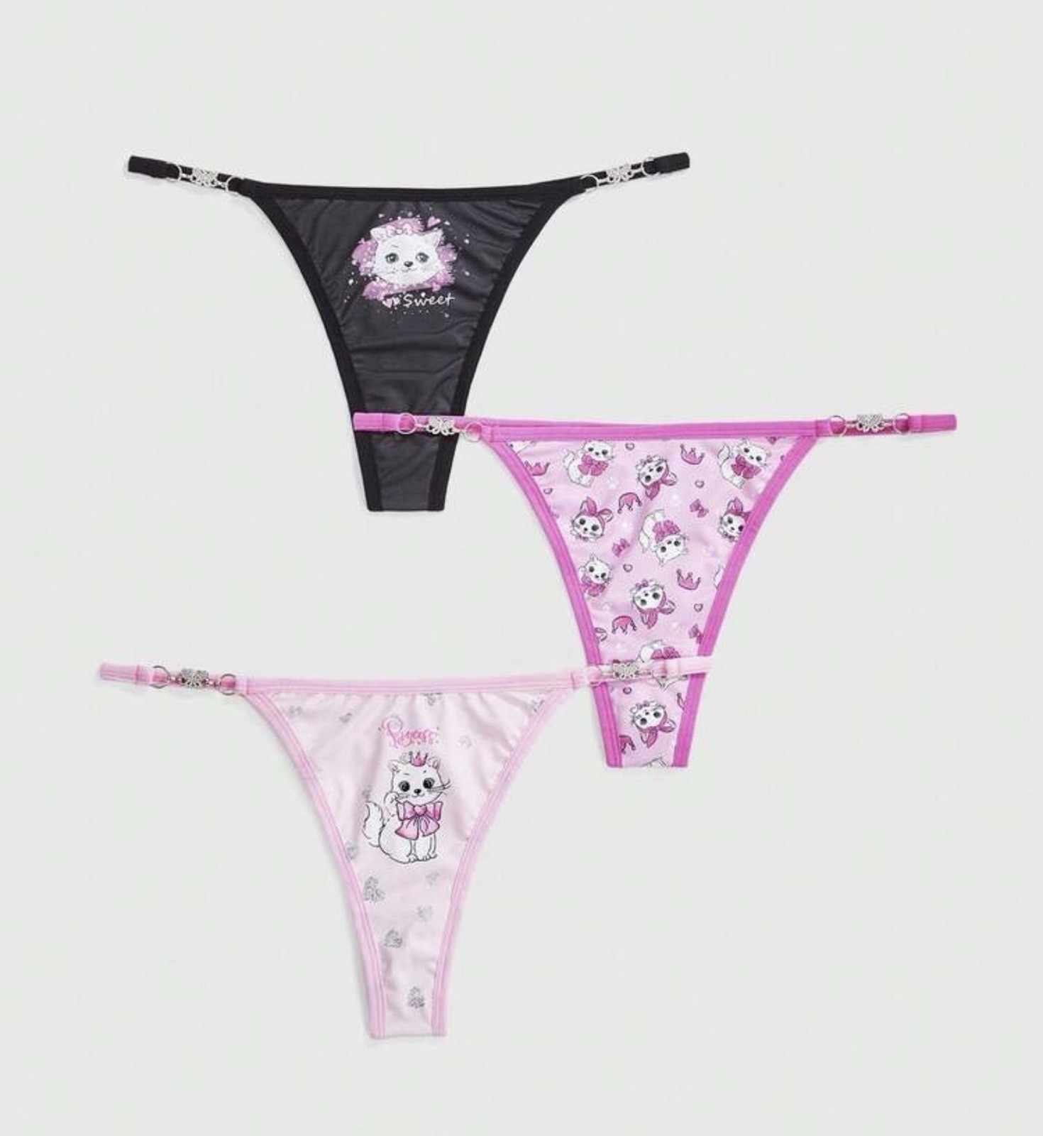 Women’s Teens Princess Kitty Kawaii Butterfly Charm Thong Pink Black White 3pk L