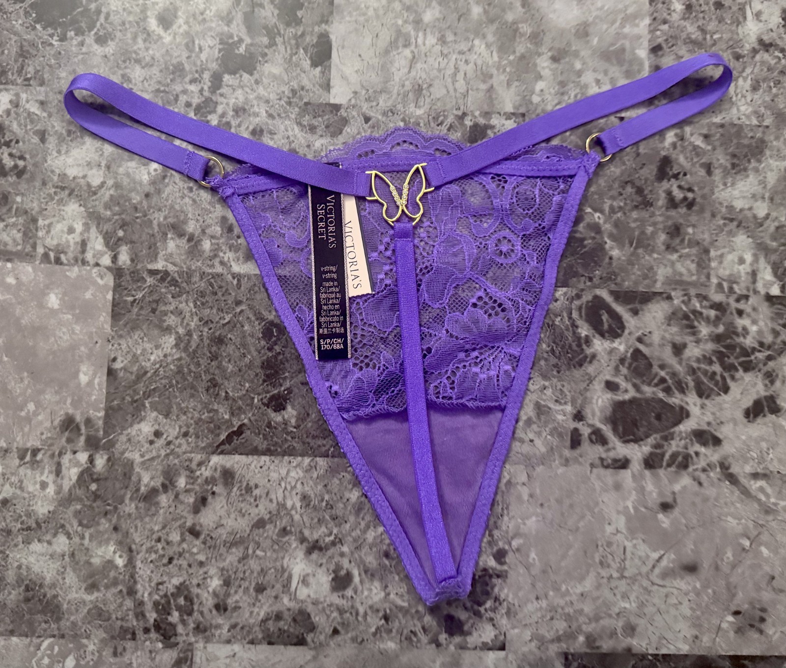NWT VICTORIA’S SECRET SMALL PURPLE LACE GOLD BUTTERFLY BACK V STRING PANTIES