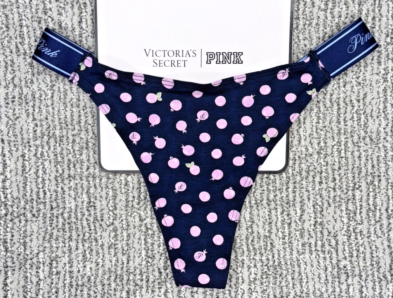 Victoria’s Secret PINK NWT Medium Blue Blueberry Thong Panty Cute Spellout Sexy