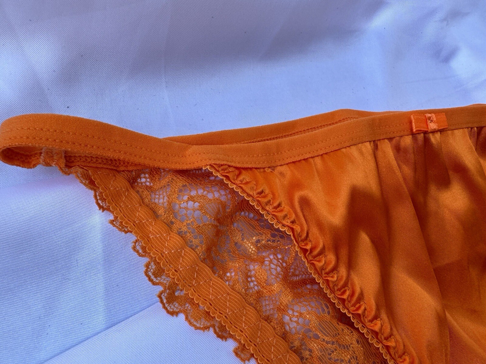 Bright Fall Orange Satin String Bikini Panties Delicate Lace Back Sz Medium