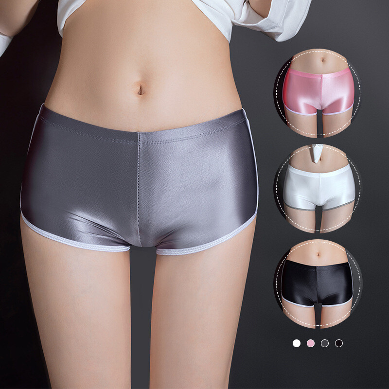 Women Satin Opaque Panties Fitness Sports Boxer Shorts Patchwork Shiny Hot Pants