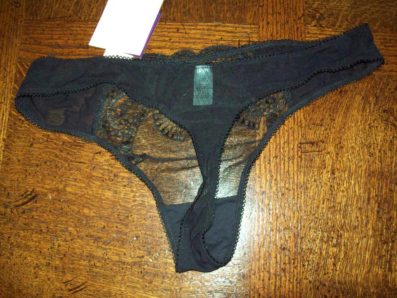 NWT SAKI SILVER 91% NYLON 9% SPANDEX THONG PANTIES w LACE P2061 BLK XL