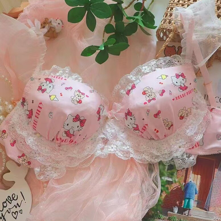 KT Kitty Kawaii Anime Push-up Bra Underwear Pajama Set Japan Lingerie Lace