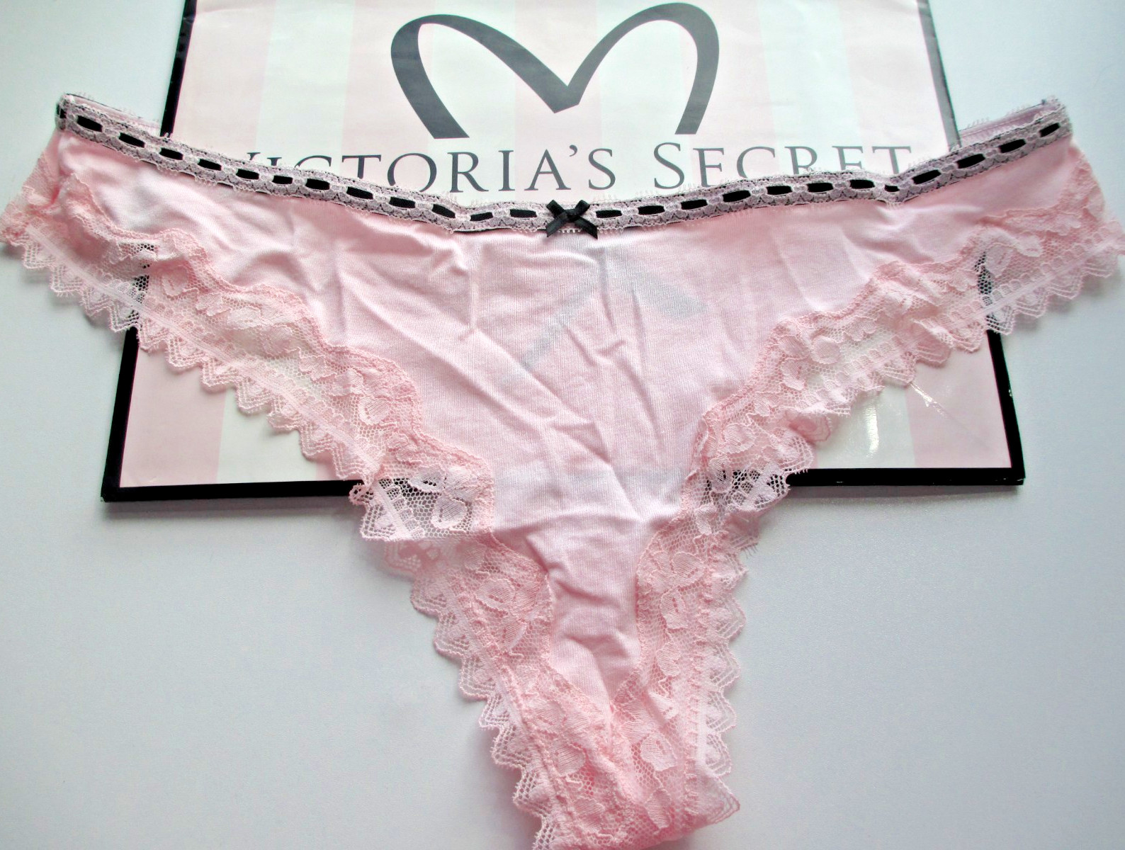 VICTORIA’S SECRET Ribbon Bow Cotton Thong Panty VS Angel Pink M L XL Lace Trim