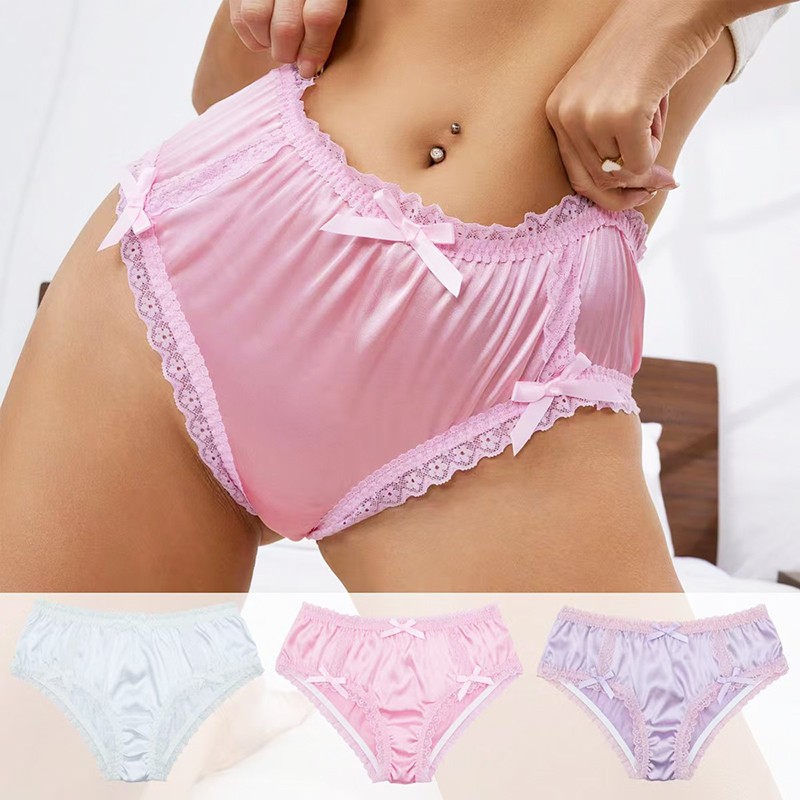 3Pack Lot Sexy Ladies Womens Satin Panties Briefs French Lace Underwear Lingerie