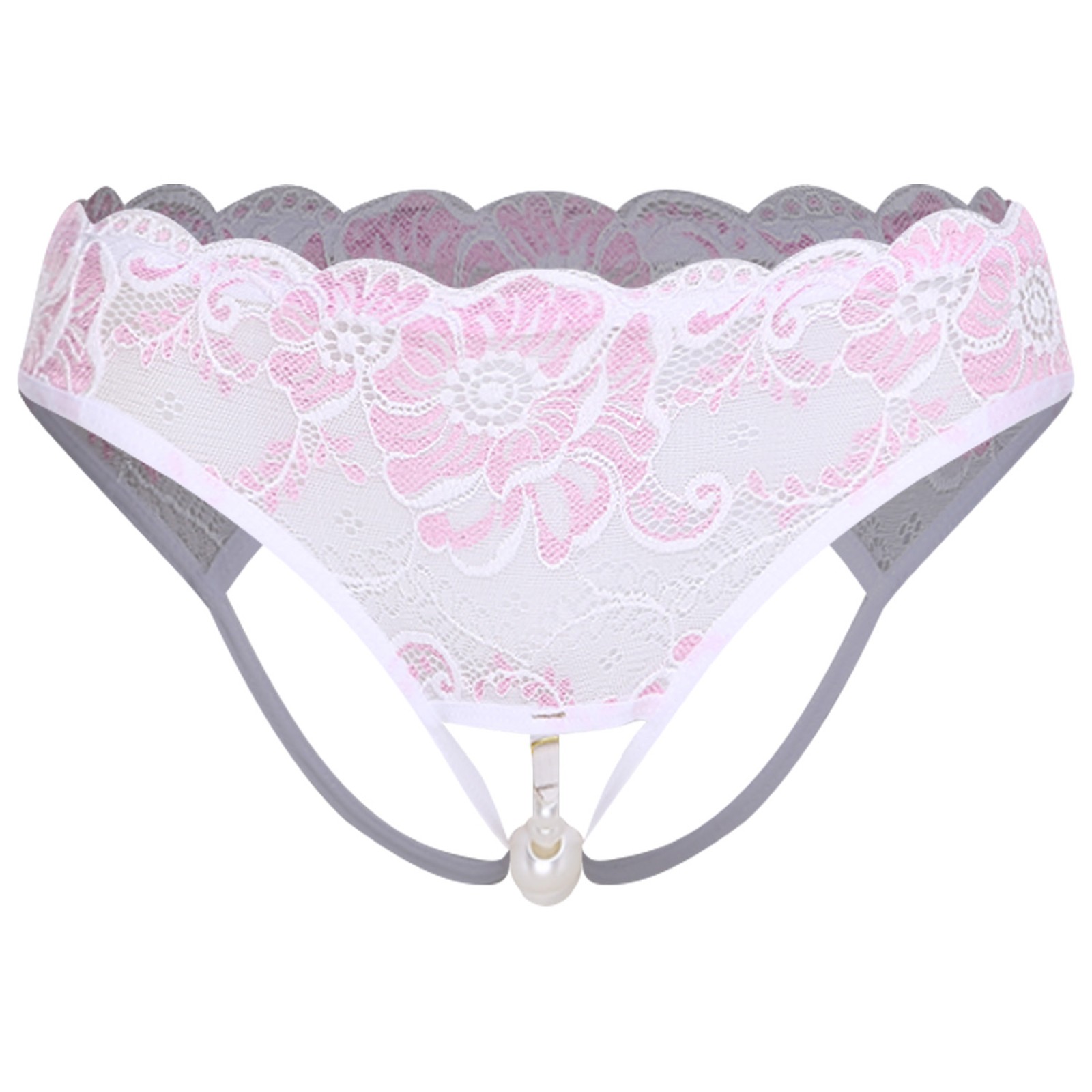 US Women Underwear Low Waist Beaded Thongs Faux Pearl Crotch Sheer Floral Lace