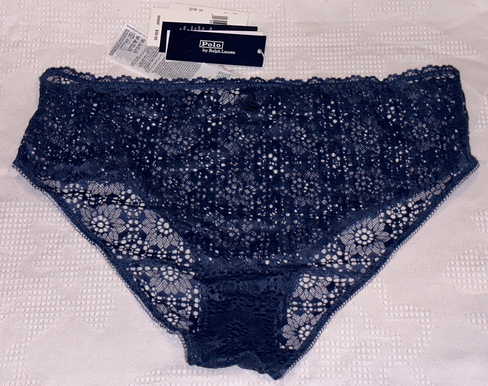 POLO RALPH LAUREN Eyelet Lace Hip Hugger Denim Blue Hipster Panty Women L 7 XL 8