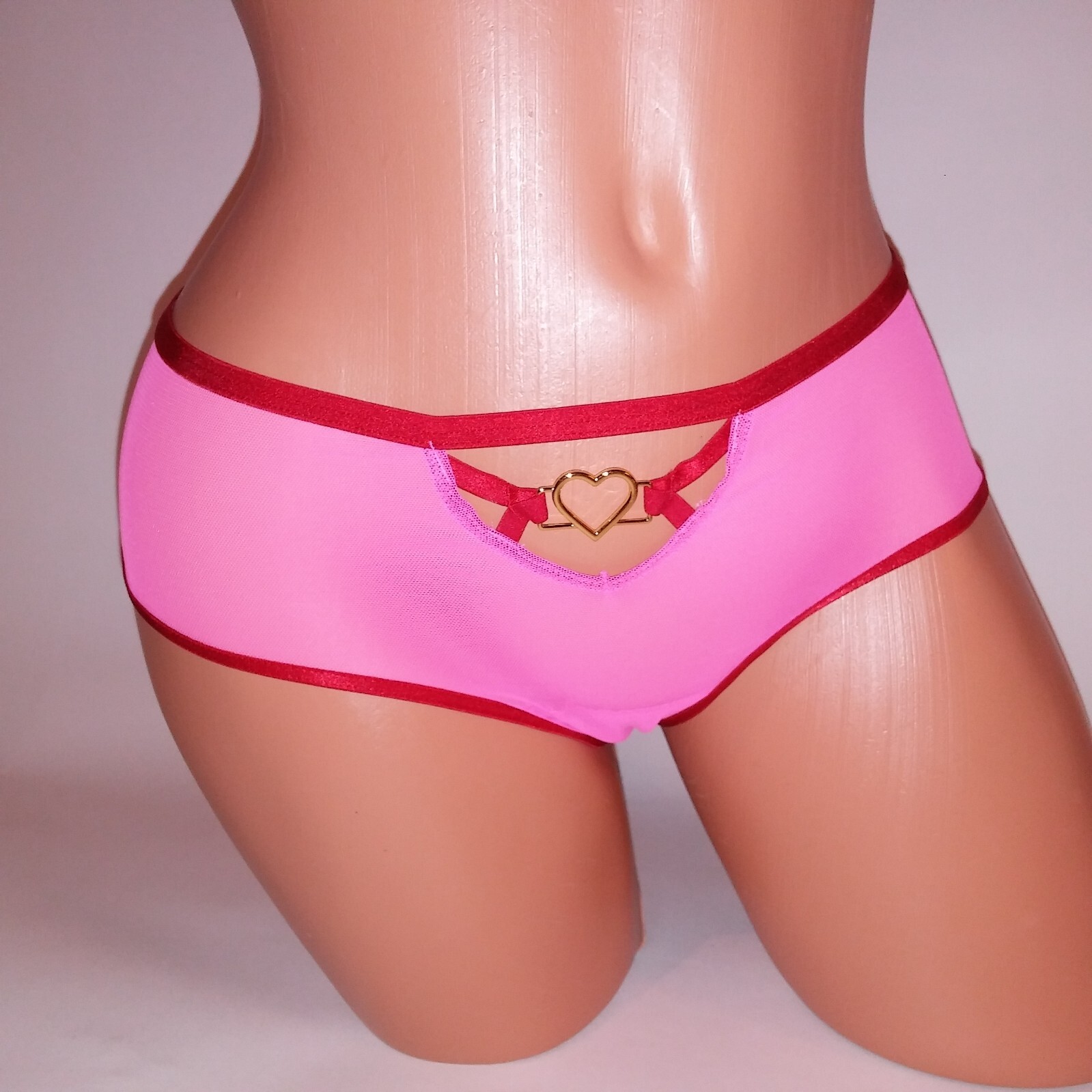Victoria Secret PINK Panty Cheeky Pink Red Sheer Lace Heart Cutout New