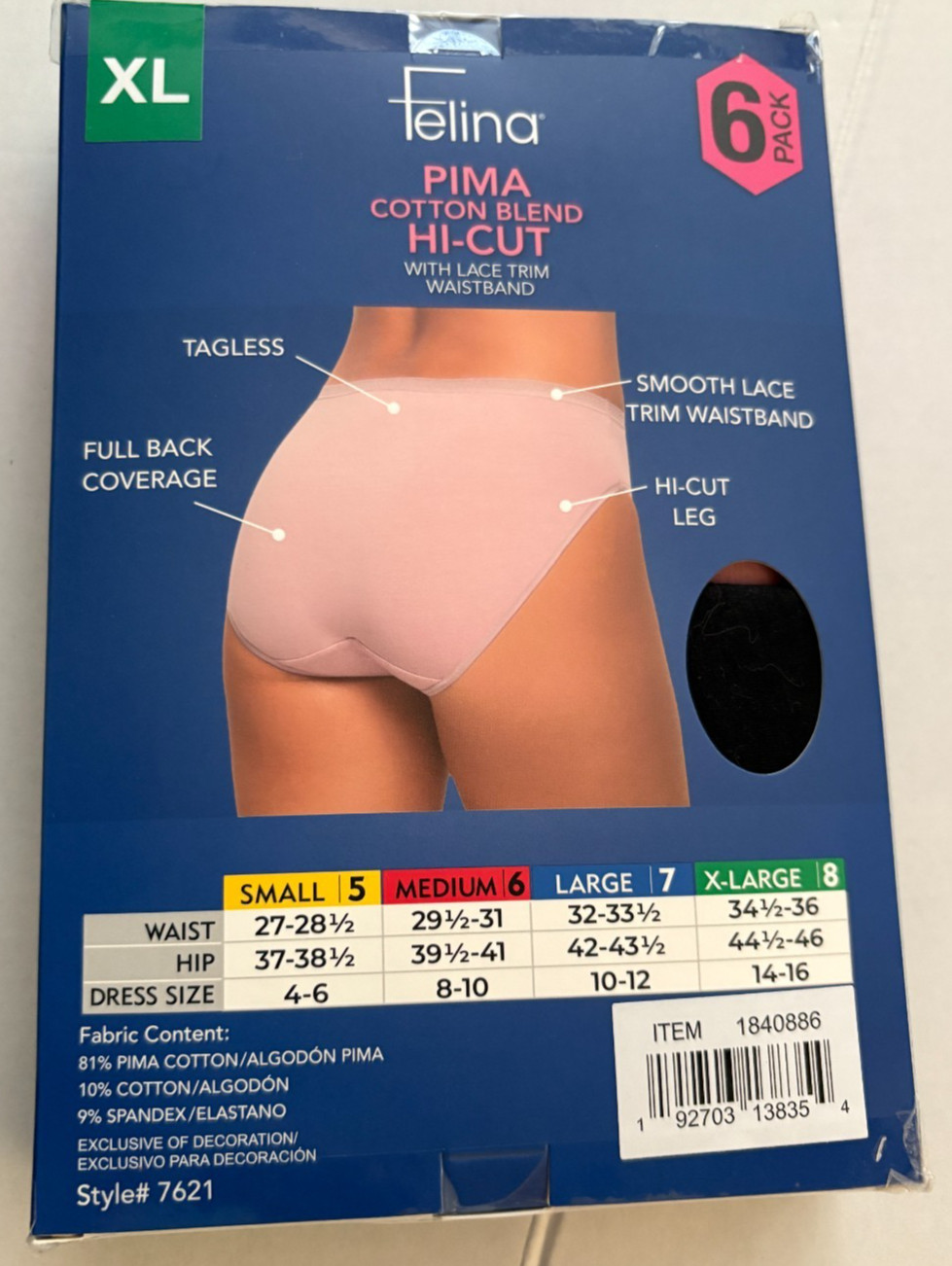Felina 6 Pk Pima Cotton Blend Hi-cut with Lace Trim Waistband, Multi, XL