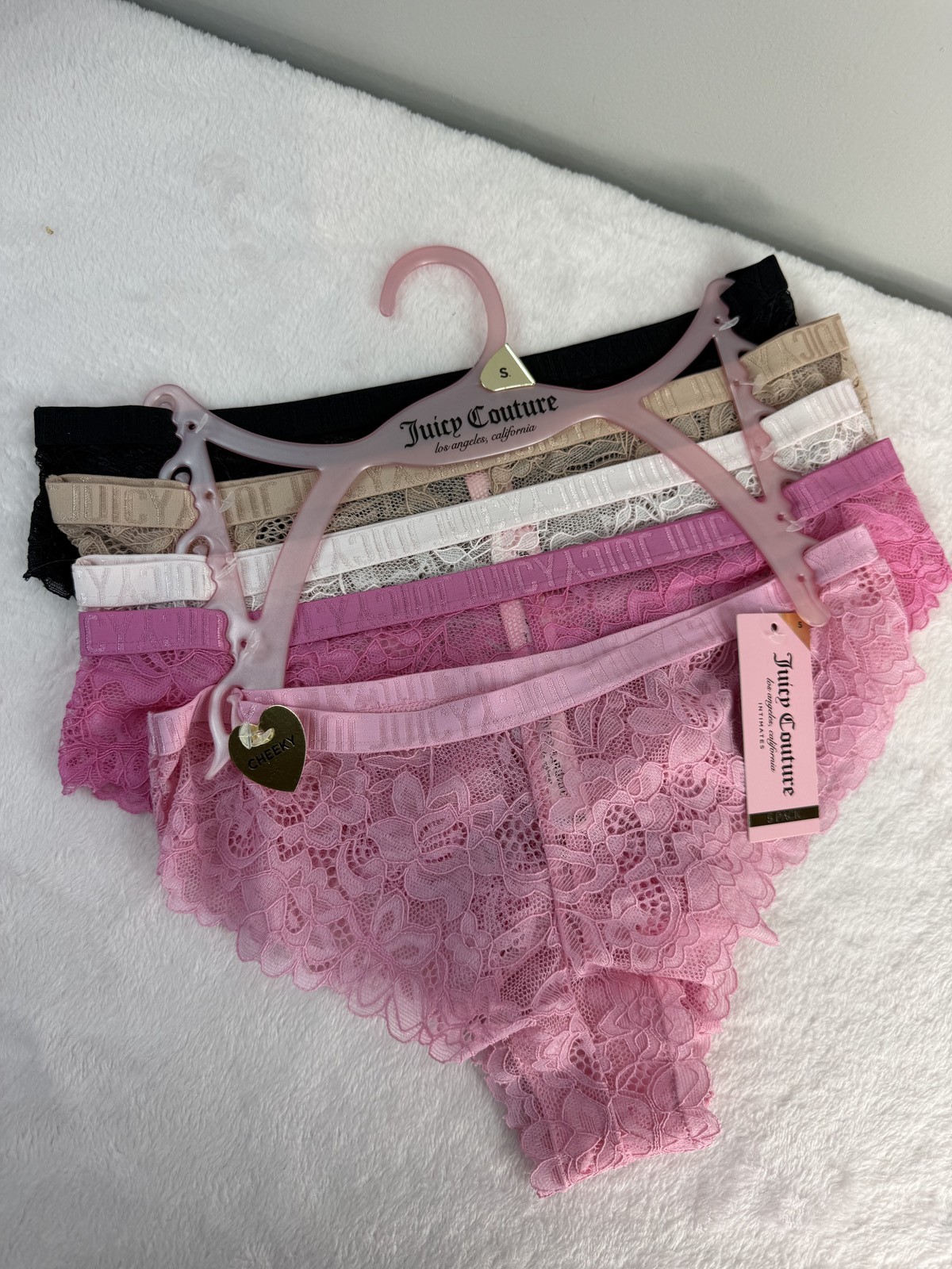 Juicy Couture Intimates 5 Pack Lace Cheeky Panties Size S Black Pink Nude NWT