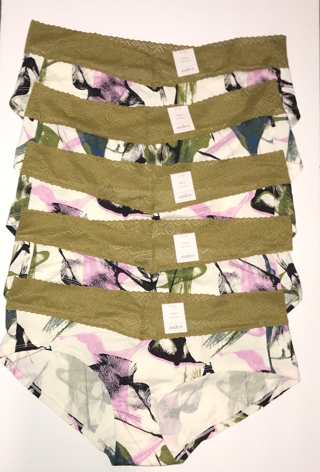 Set of 5 AUDEN Cotton & Lace Hipster Panties XL 16, Abstract Leaf Floral
