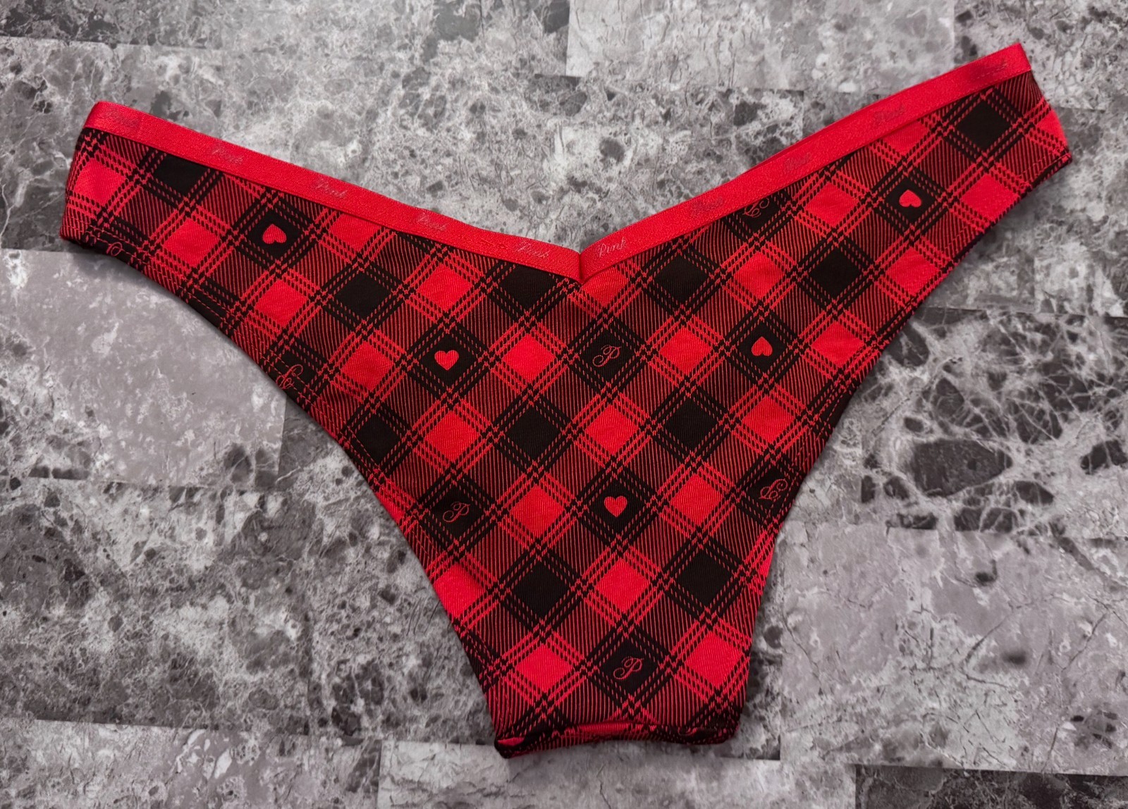 NWT VICTORIA’S SECRET PINK RED PLAID TIS THE SEASON V STYLE TANGA CHEEKY PANTIES
