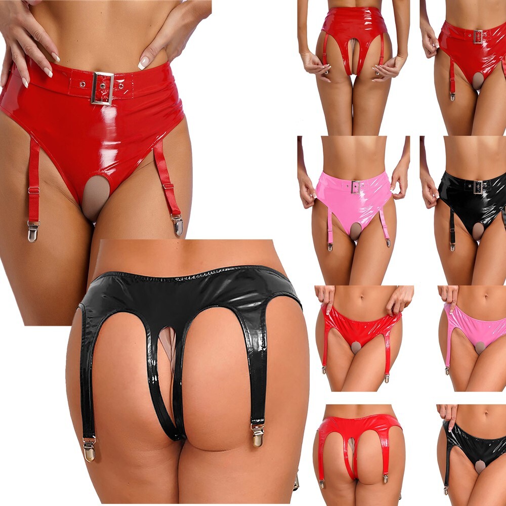Womens Shiny Leather Short Crotchless Briefs with Leg Garter Dance Bottom