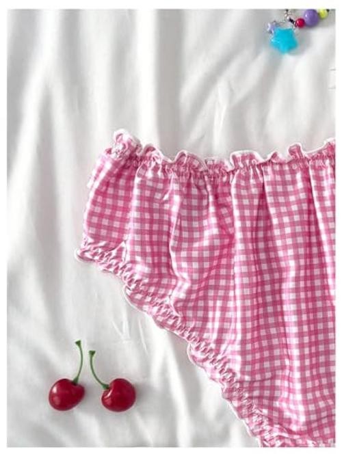 Women’s Y2k Gingham Bow Underwear Lace Eyelet Low Rise X-Large Strawberry Pink