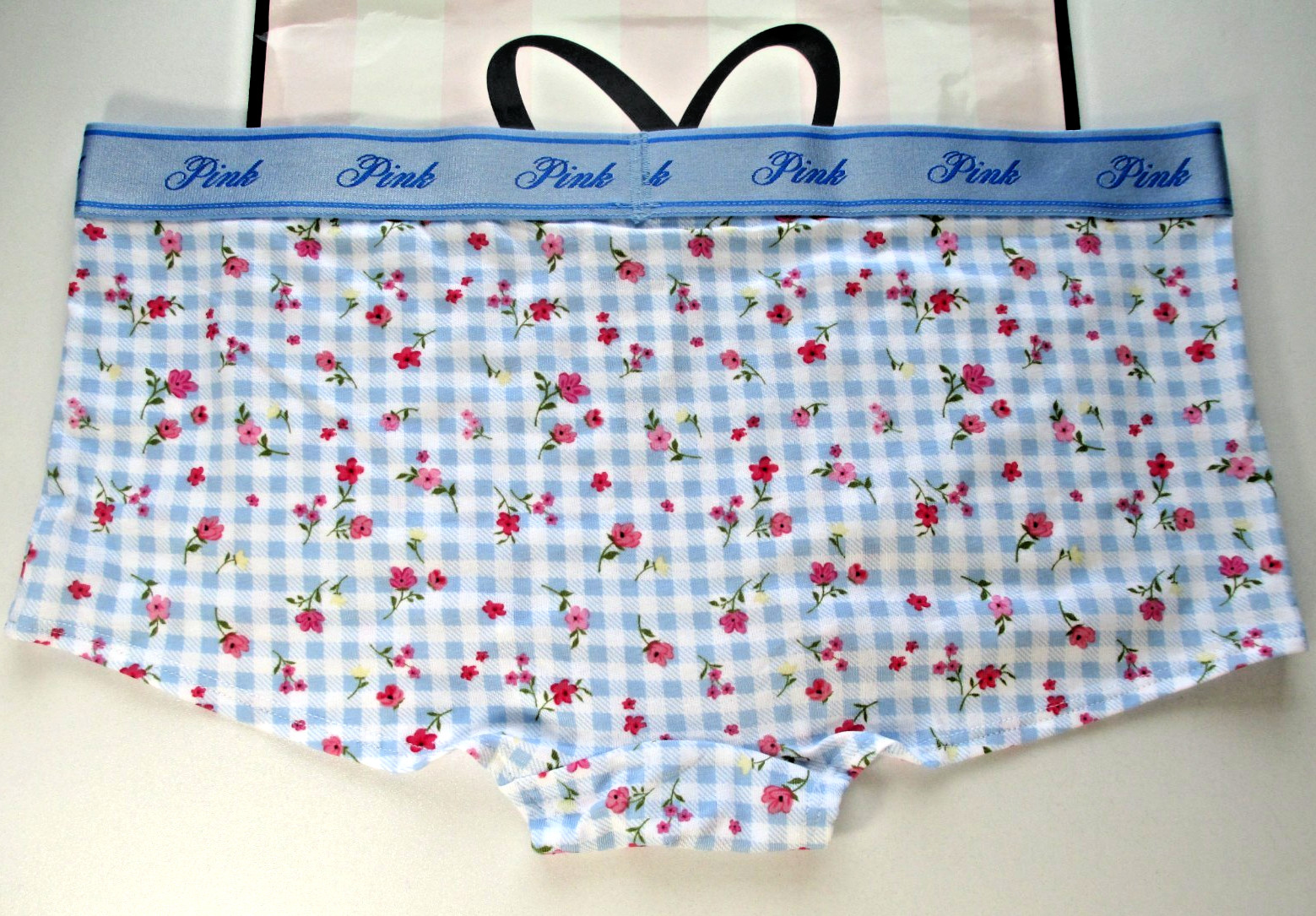 VICTORIA’S SECRET PINK Cotton Boyshort Panty S M L XL Blue Gingham NWT Logo Band
