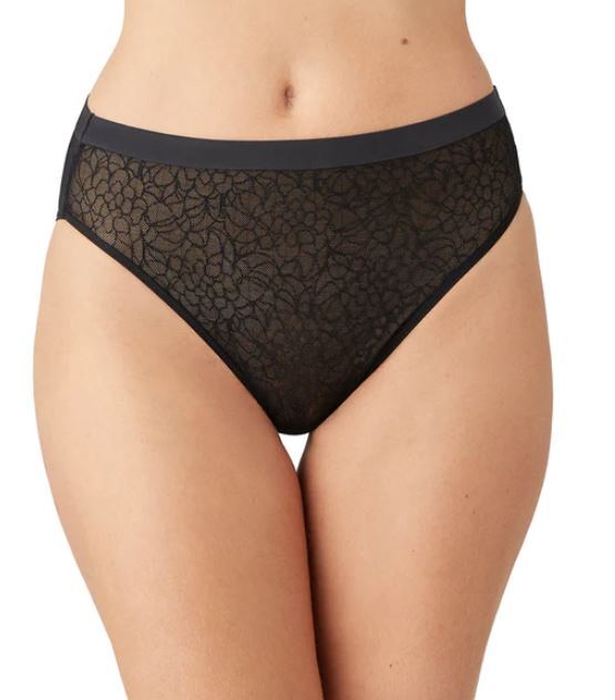 NWT Wacoal 841341 “All Edge” Mesh w/ Lace Hi-Cut Bikini Brief, Black (BK), S