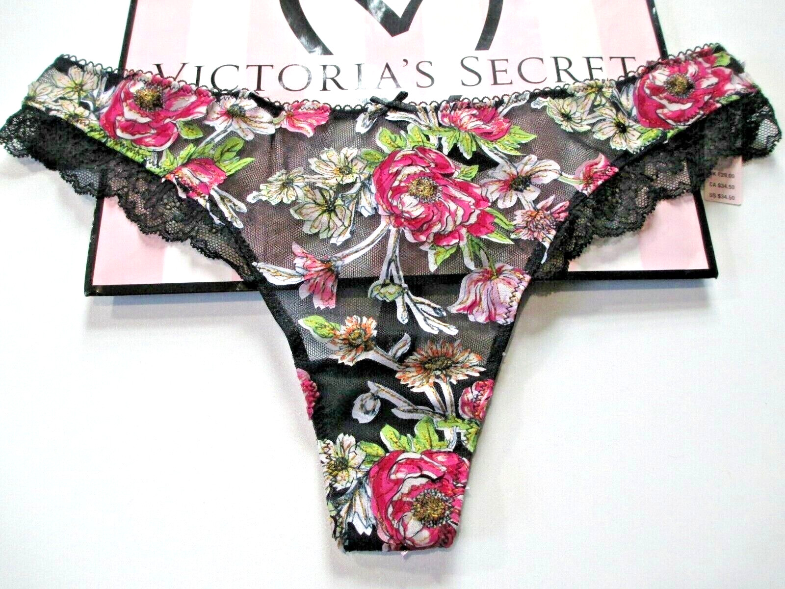 VICTORIA’S SECRET DREAM ANGELS Thong Panty S Black NWT Floral VS Lace