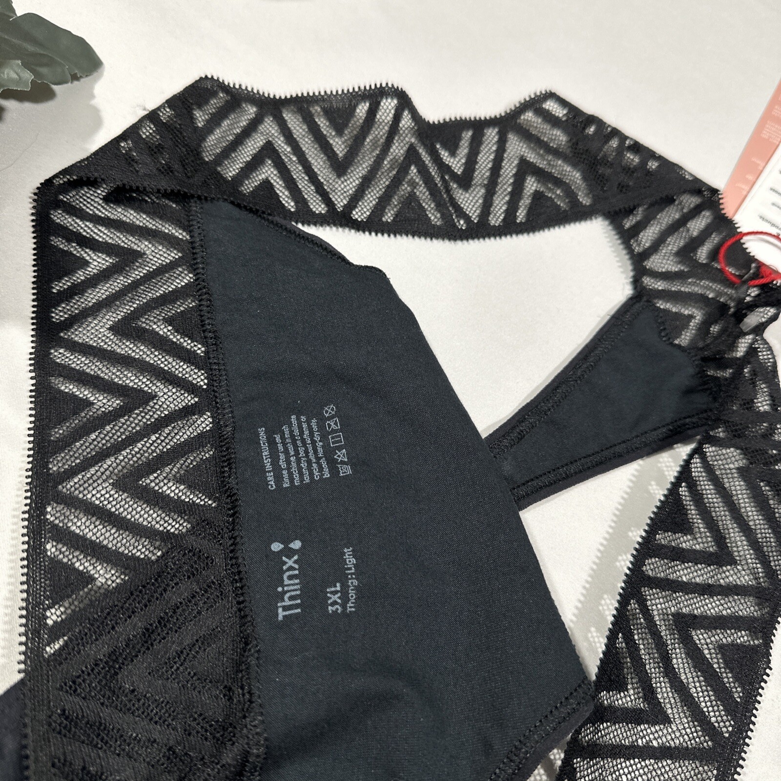 NWT $25 Thinx [ PLUS 3X ] Lace Period Light Absorbency Thong in Black #5340