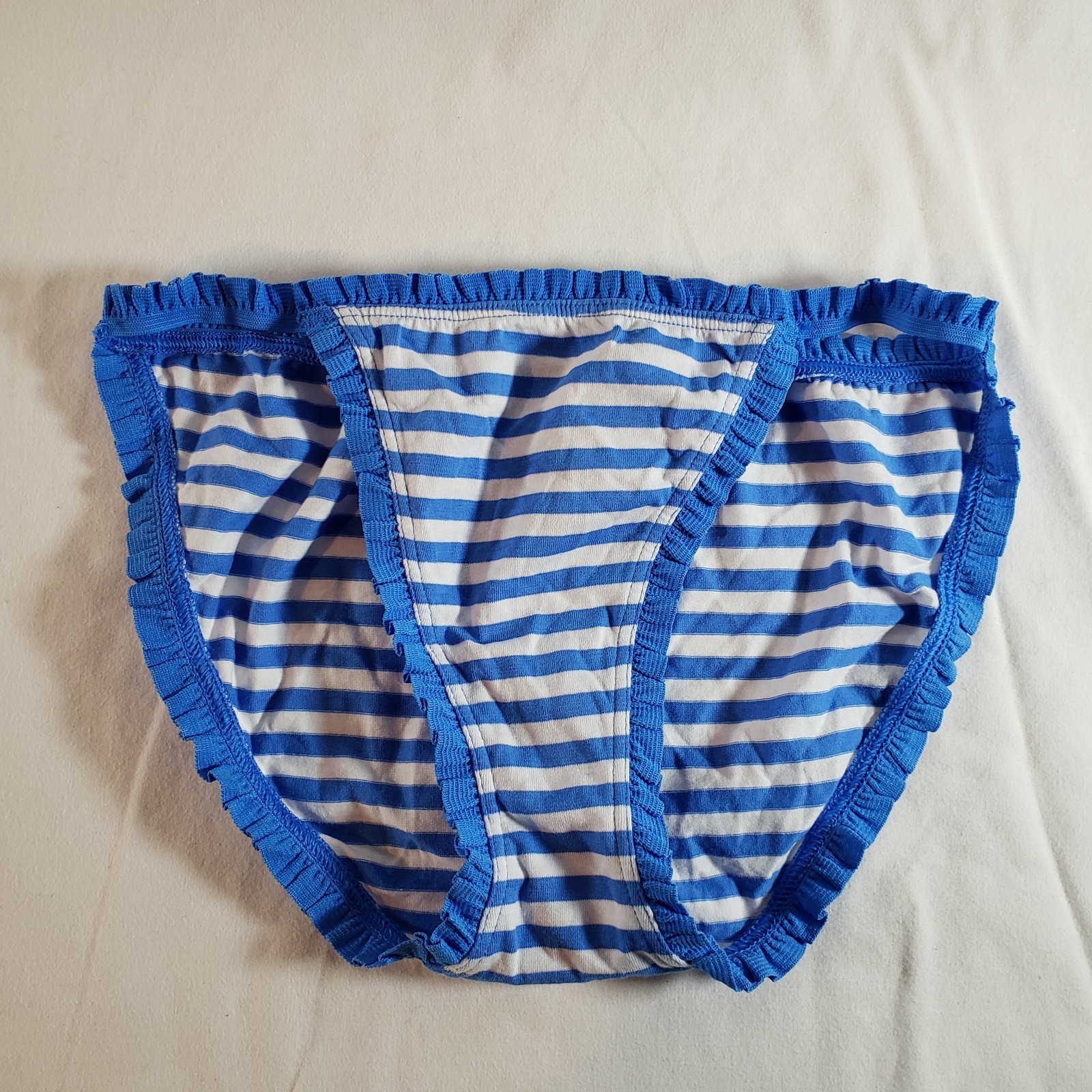 Victoria’s Secret Pleated Ruffle String Bikini Medium Blue White Stripe