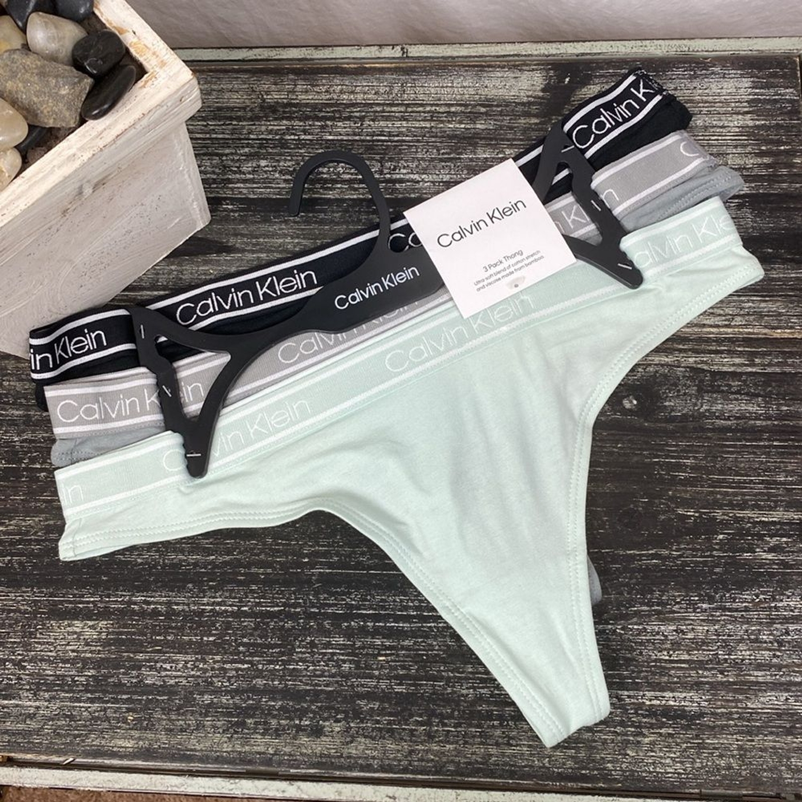 Calvin Klein SET of 3 Black Gray & Blue Thong Panties NEW M