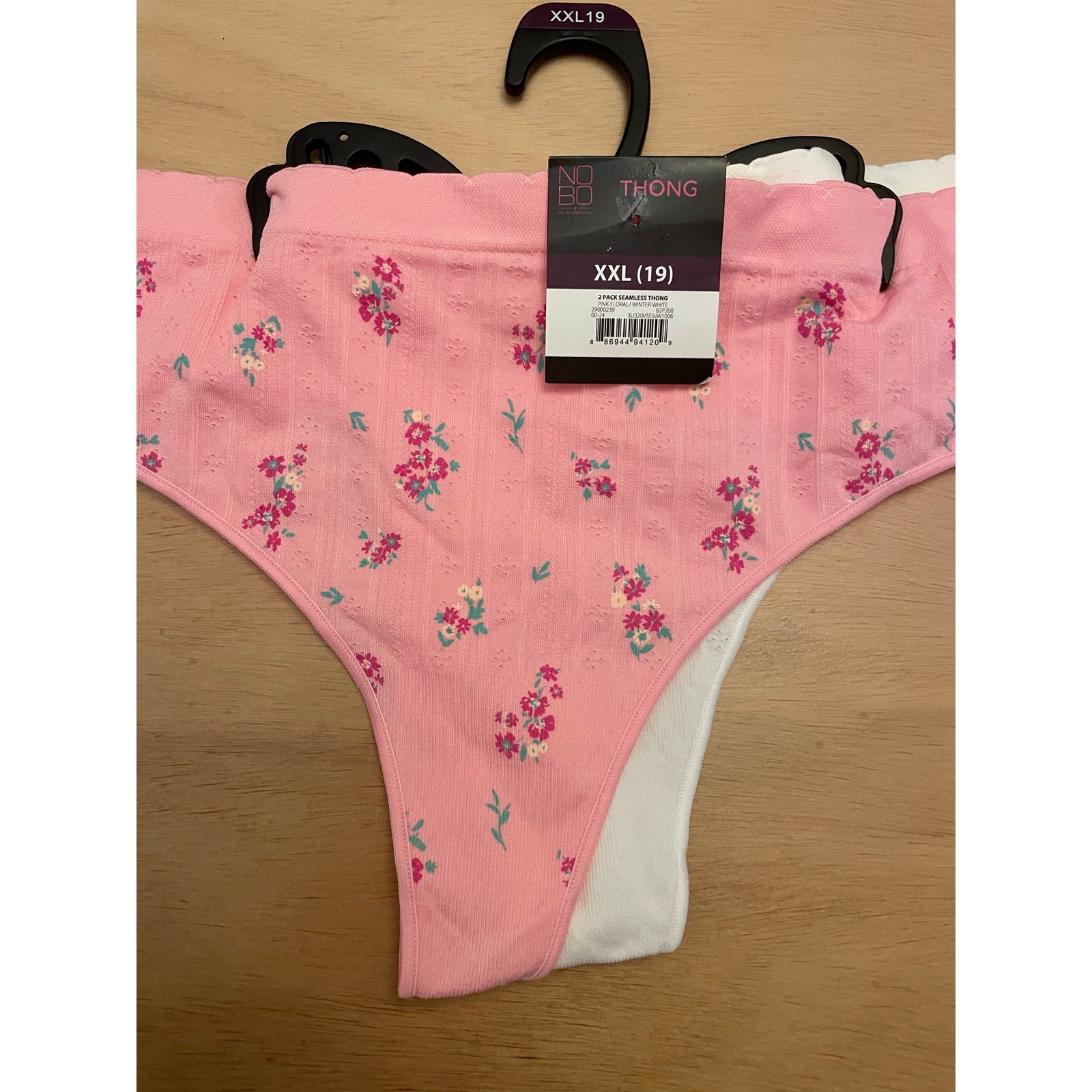 New Women’s No Boundaries 2 Pack Seamless Thongs Pink Floral/Winter White XXL 19