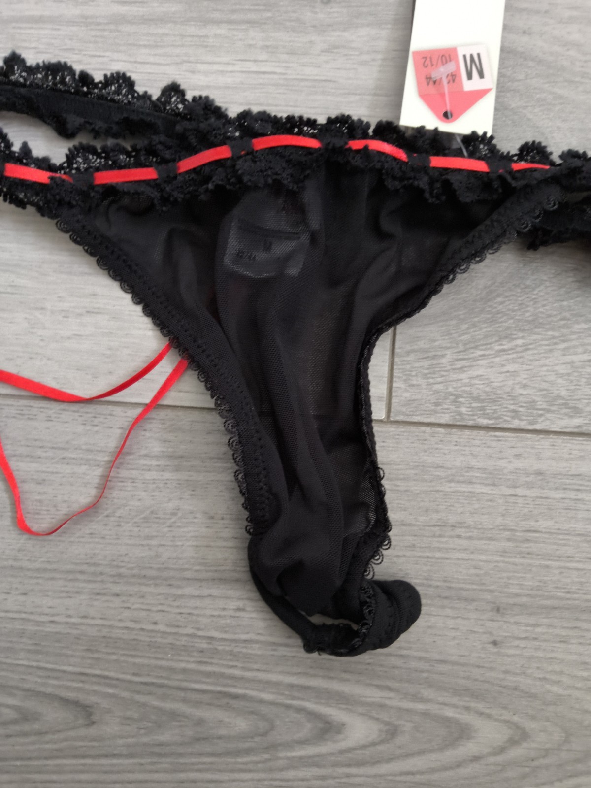 BNWT Vintage Daniel Axel Sheer Black Mesh & Ribbon Slotted Lace Thong Size 8-10