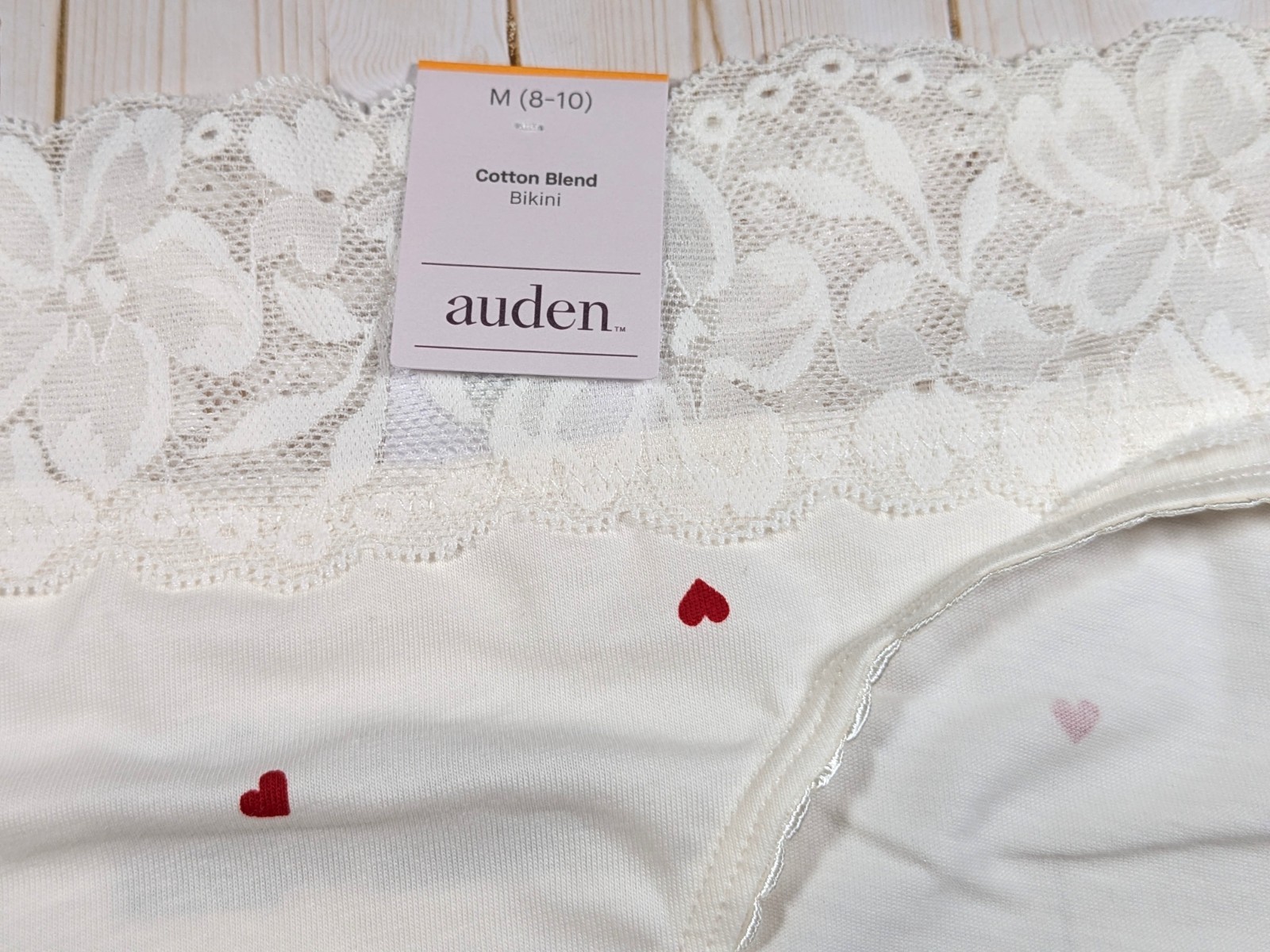 Lot of 3 Auden Ivory Red Hearts Print Lace Trim Bikini Panties Size M (8-10) NWT