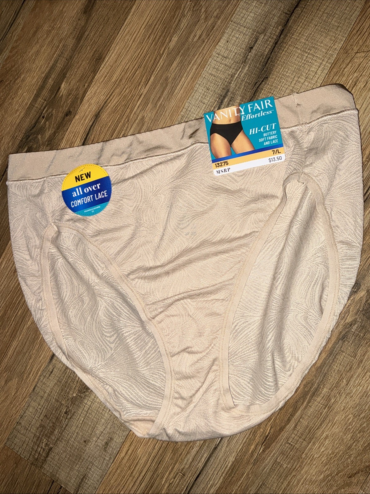 Vanity Fair Effortless HI-Cut Buttery Soft Fabric & Lace Panty 13275 NUDE Sz-7/L