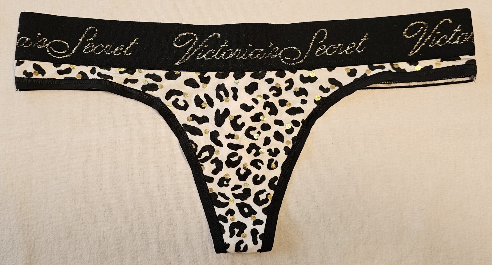 Size XS Thong Victoria’s Secret Glitter Logo Thick Band Black Gold Animal Print