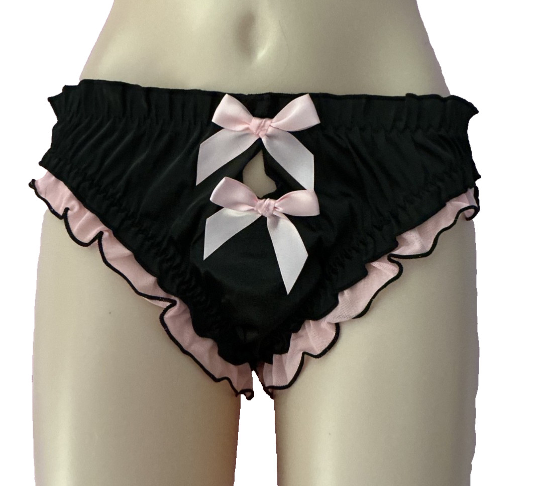 Women’s Kawaii Lolita Black Second Skin Satin Pink Bows Sissy Bikini Panty XL