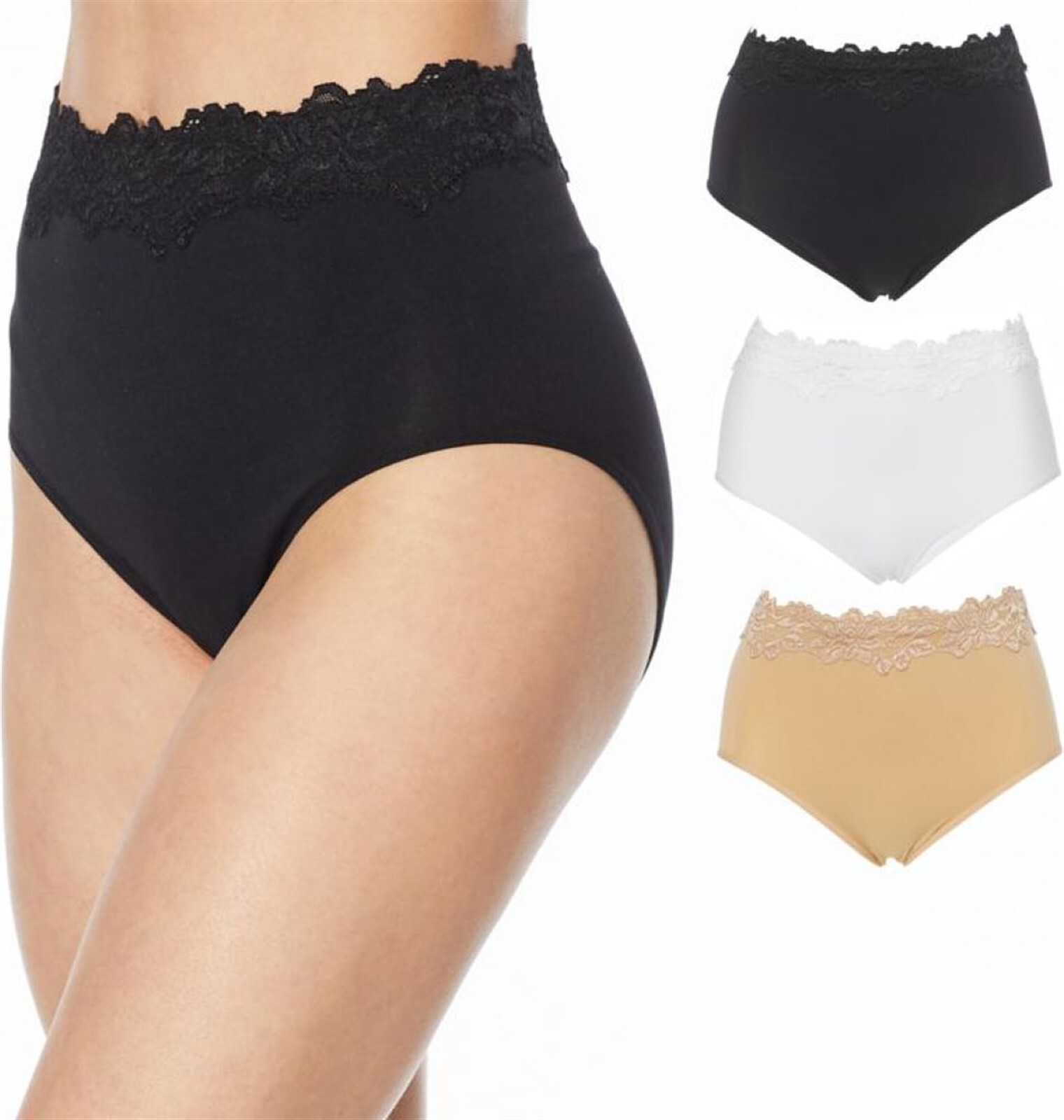 Rhonda Shear 3Pc Lace-Trim Seamless Ahh Brief BLACK/WHITE/BEIGE M NWOT (760)