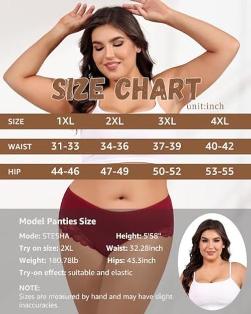 Plus Size Underwear 4X-Large Plus Wine Red + Black + Brick Red + Nude + White
