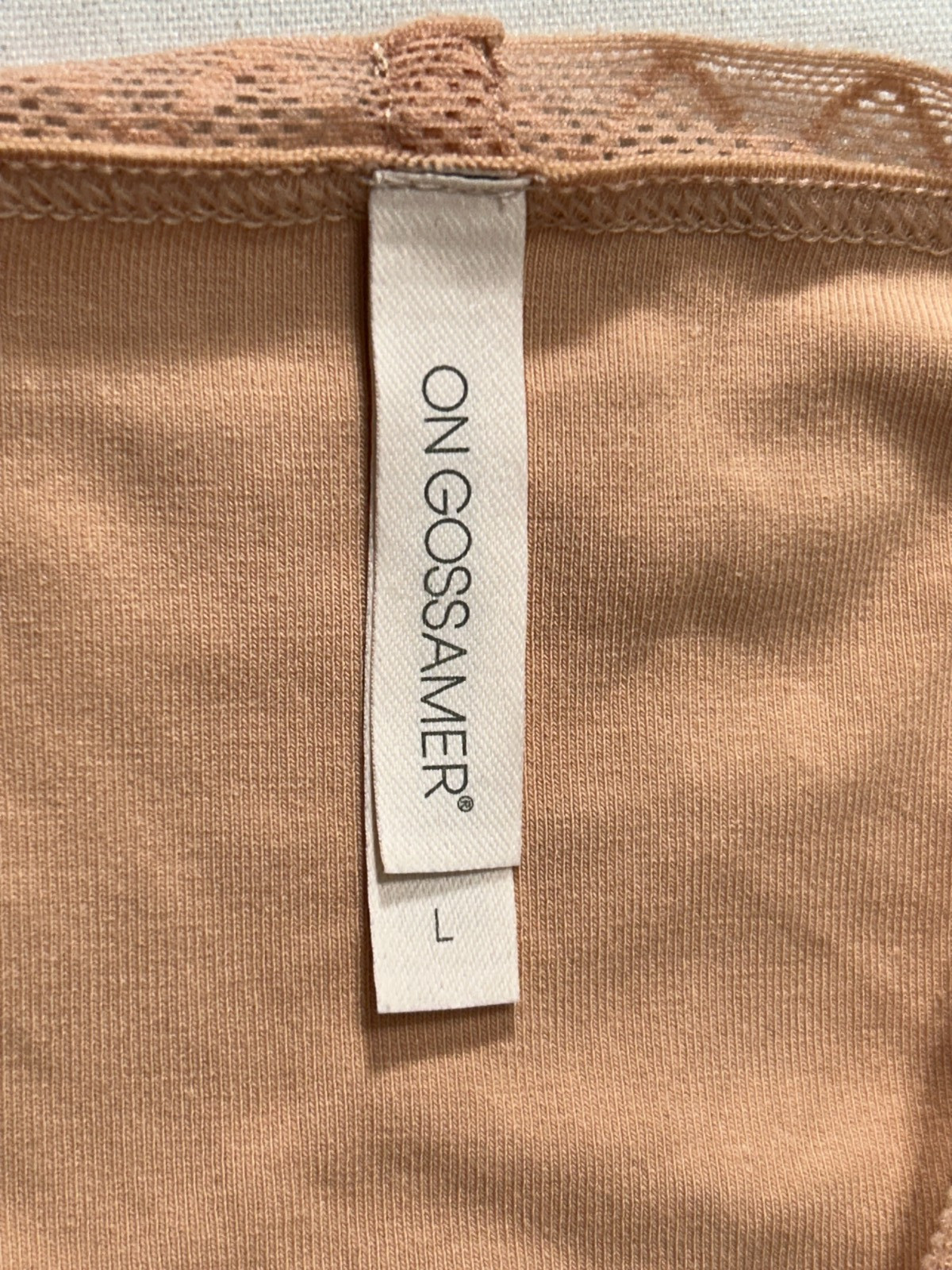 On Gossamer Bikini Underwear L Mid Rise Champagne Lace Trim Cabana Cotton