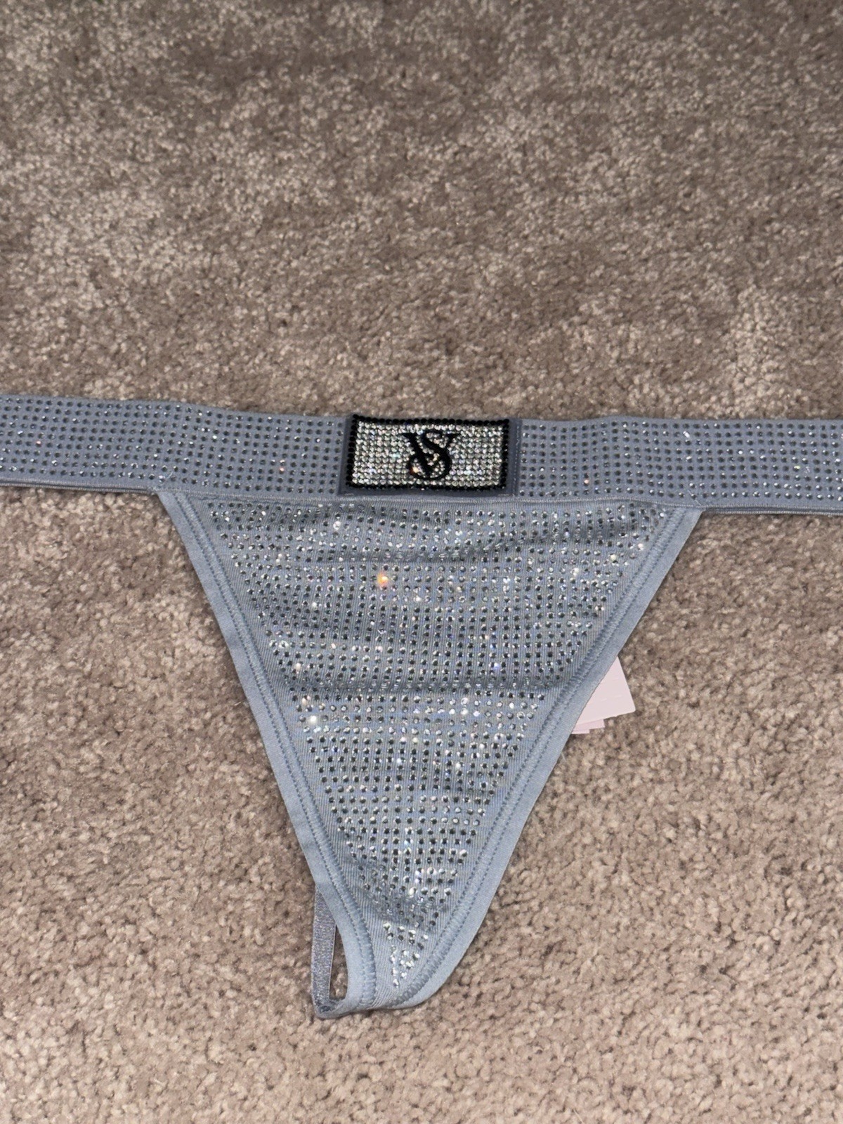 Victoria’s Secret V-String Thong Panty Gray Rhinestone Bling Logo Size Small NWT