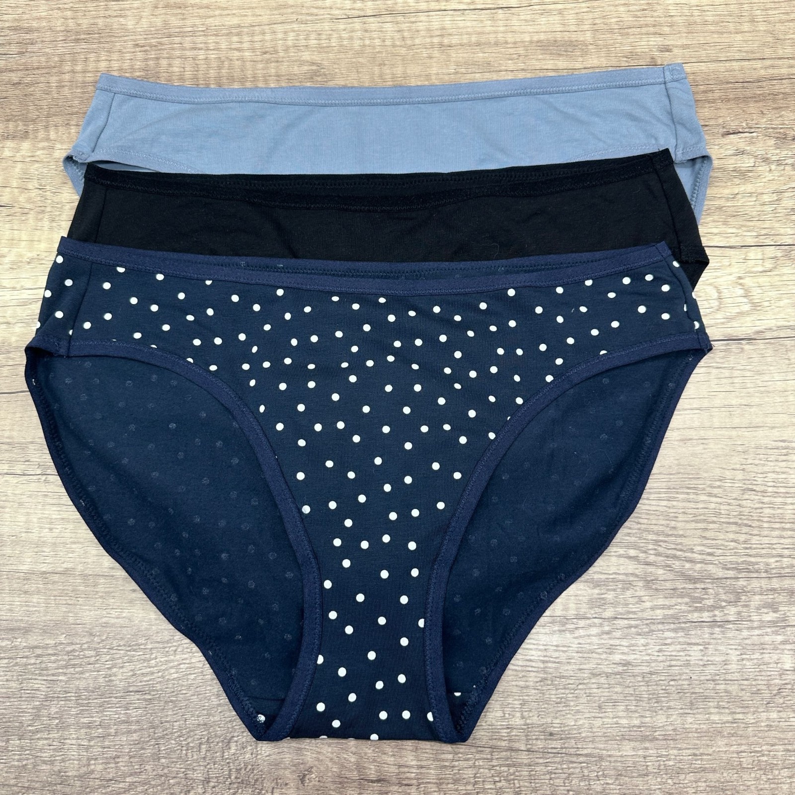 PACT Women’s Organic Cotton Bikini Panties 3 Pack Blue Black Polka Dot Size L