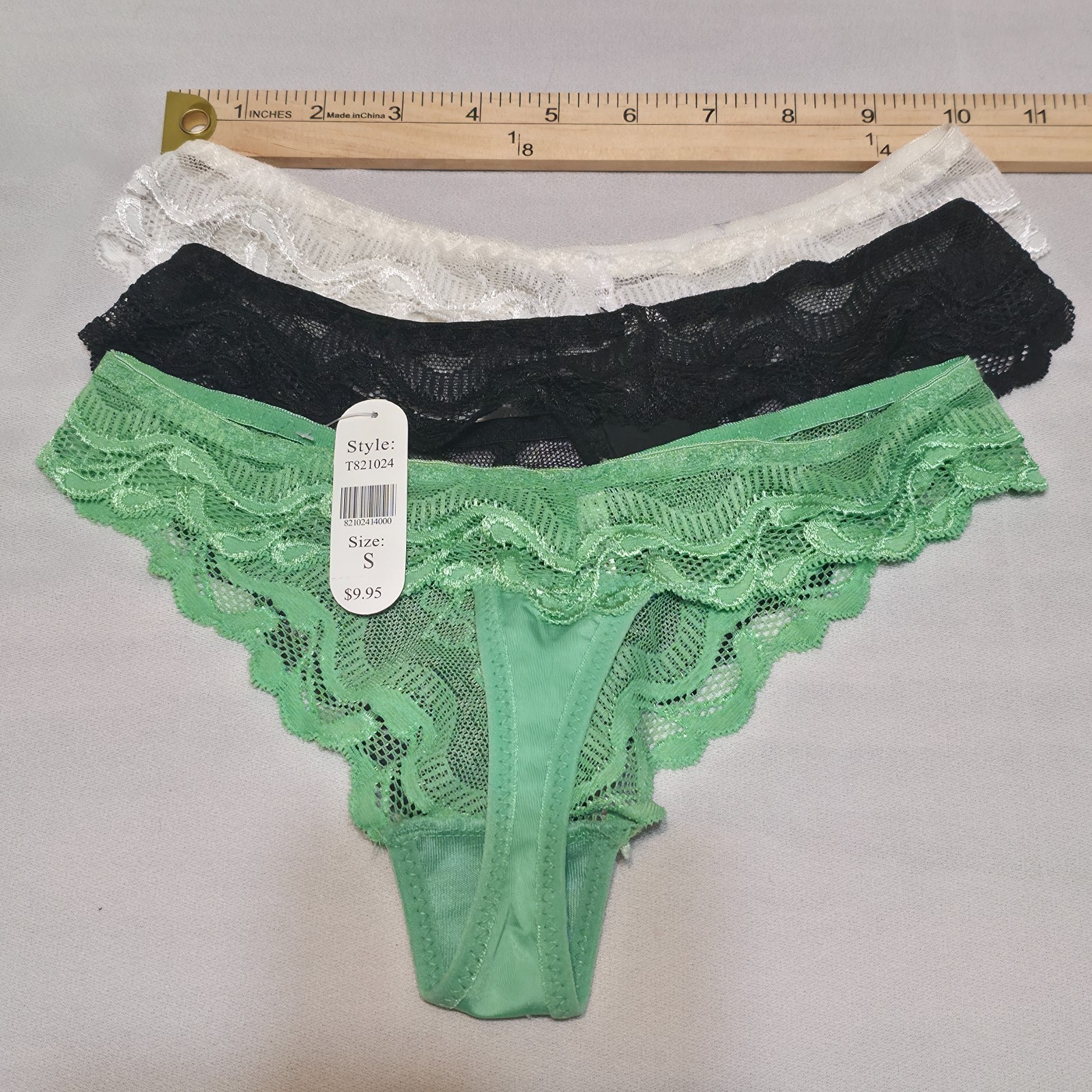 3 Exclusive Lace Thong Green, White & Black Panties Underwear Size Small NWT