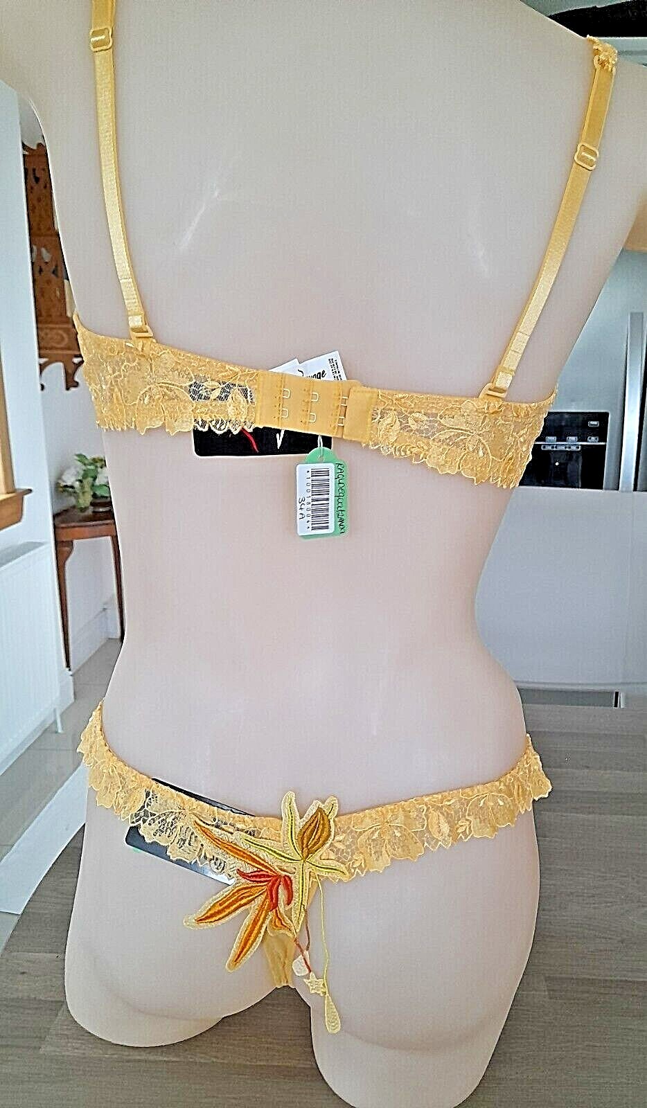 Ravage Yellow Equateur Satin/Embroidered Mesh TRIGONE Thong XS