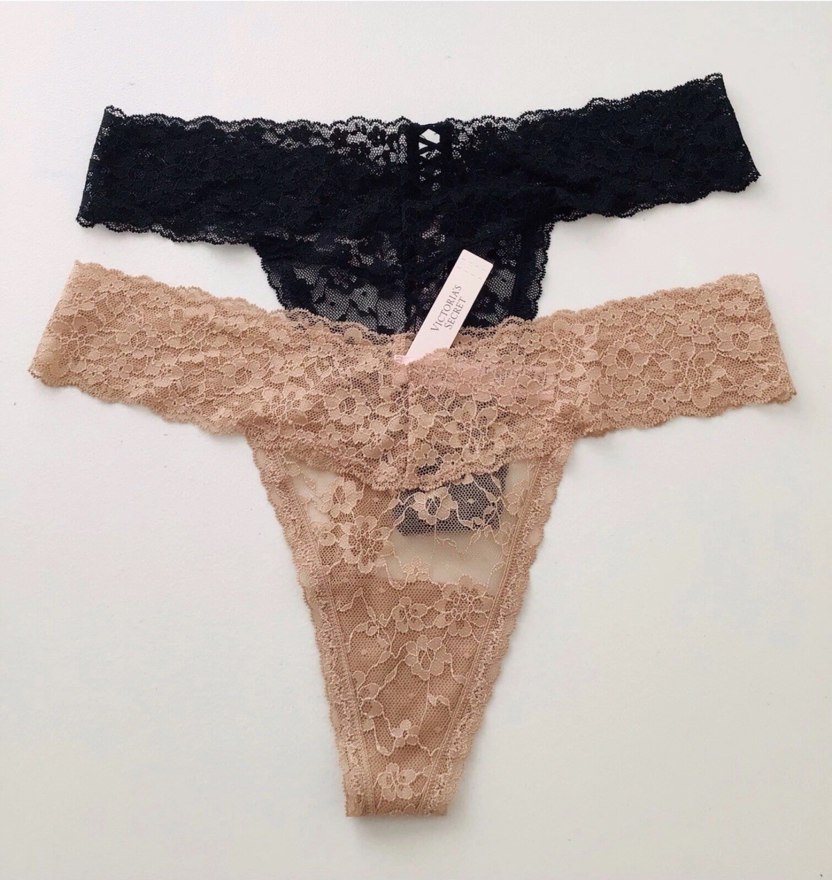 2 X NEW Victoria’s Secret Lacie Thong Panties-Large-Black And Beige NWT